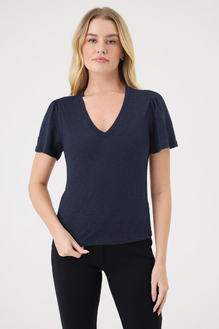 Flutter Sleeve V Neck Tee - Goldie LeWinter #color_navy