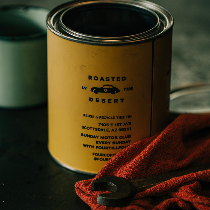 Four Coffee Tin - Sunday Motor Club Blend material shot