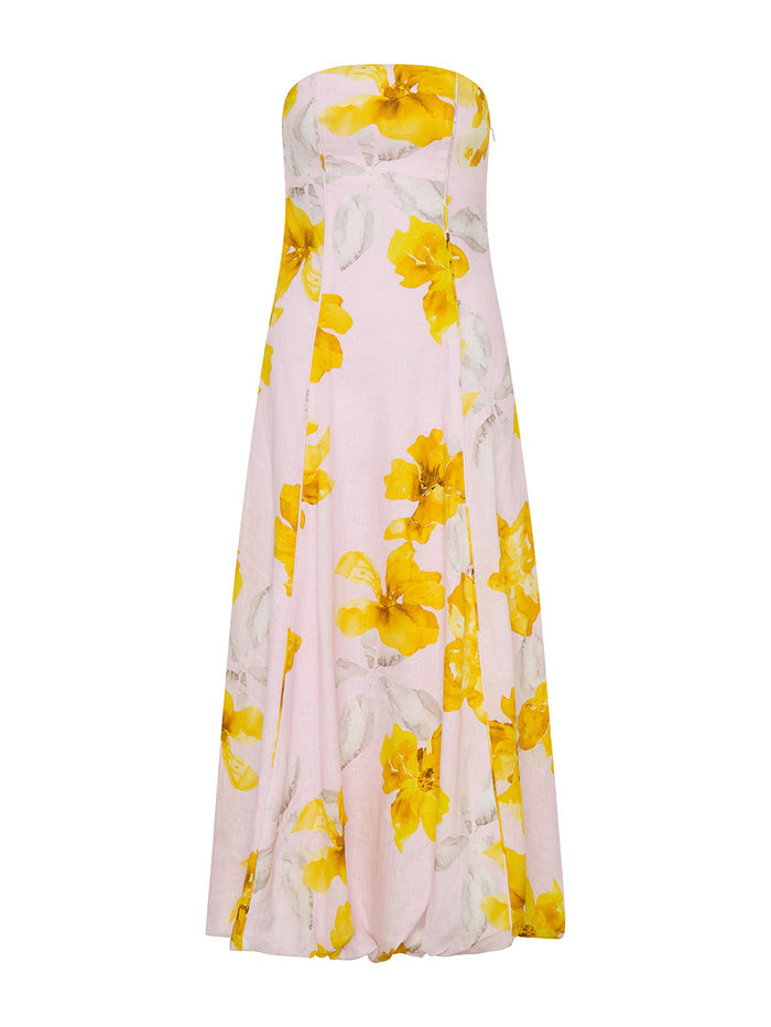 Yellow floral strapless dress on a white background
