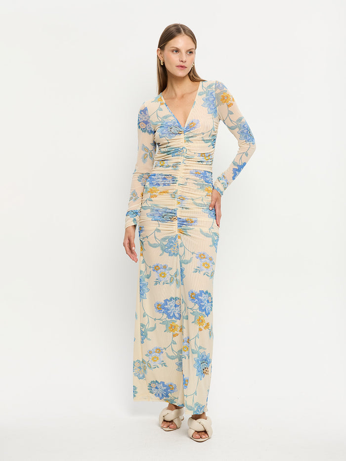 Giselle Mesh Maxi Dress KIVARI | Model wears blue and yellow mesh maxi dress