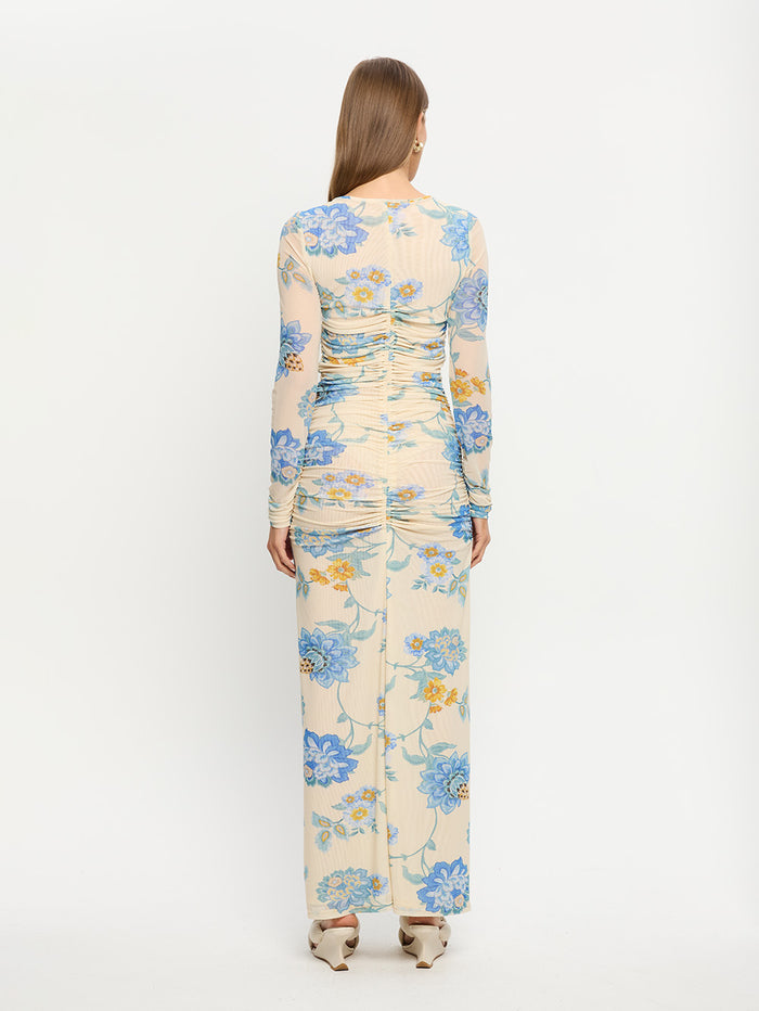 Giselle Mesh Maxi Dress KIVARI | Model wears blue and yellow mesh maxi dress