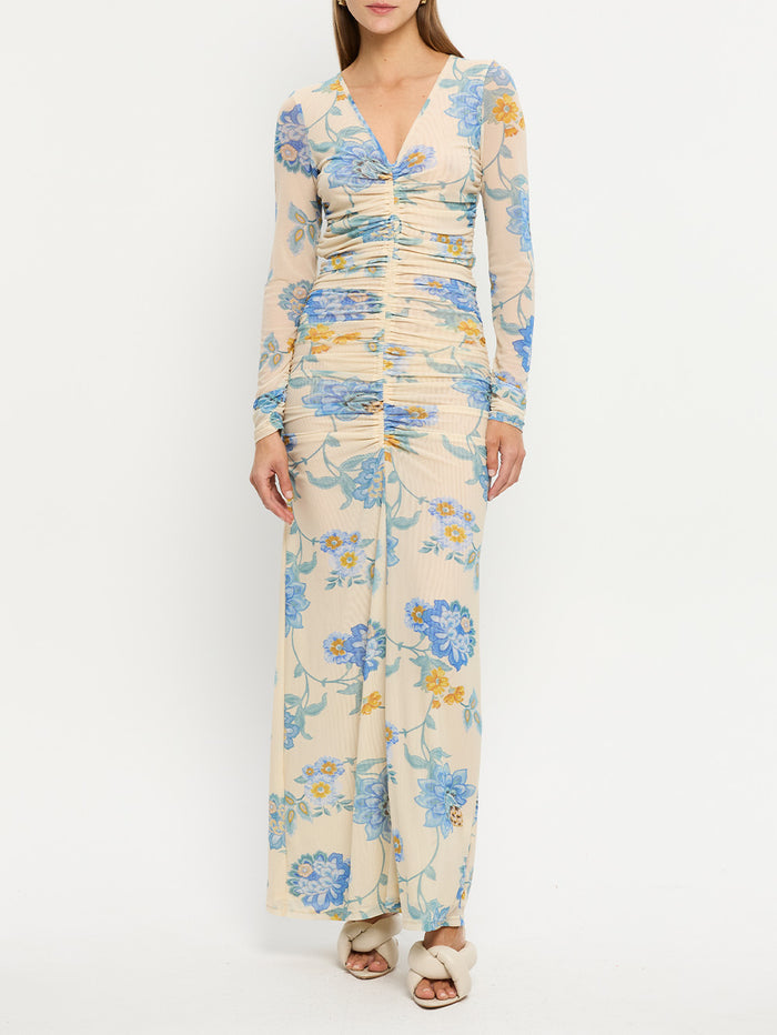 Giselle Mesh Maxi Dress KIVARI | Model wears blue and yellow mesh maxi dress