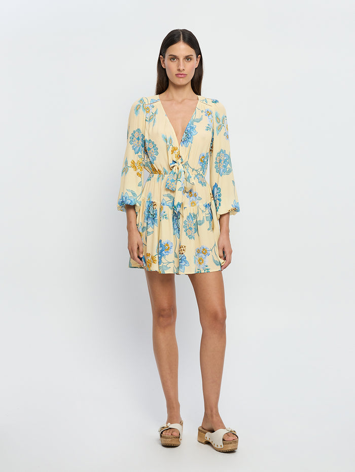 Giselle Tie Front Mini Dress KIVARI | Model wears blue and yellow tie front mini dress
