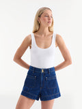KIVARI Hanna denim shorts styled with white scoop-neck tank top, front view