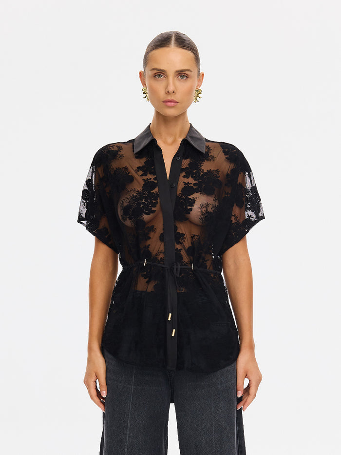 KIVARI Jaxon Lace Shirt in Black, styled with grey trousers