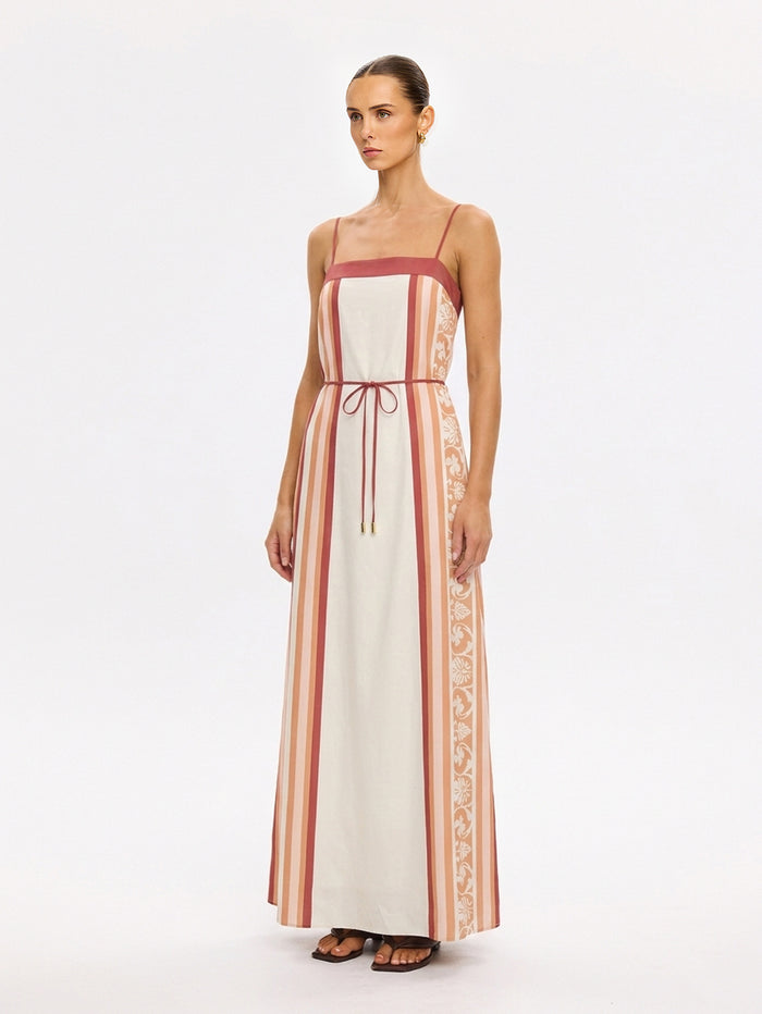 KIVARI Lilia Maxi Dress in cream stripe – full-length side view of women's linen maxi dress showing floral lace panel detail
