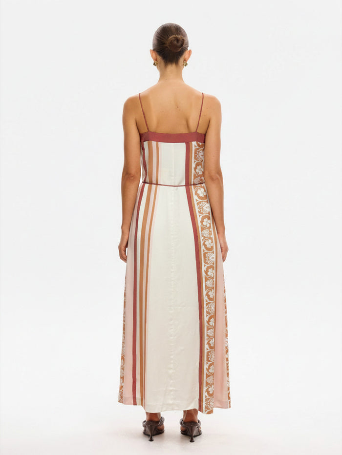 KIVARI Lilia Maxi Dress in cream stripe – back view of women's linen maxi dress with floral lace panel and spaghetti straps