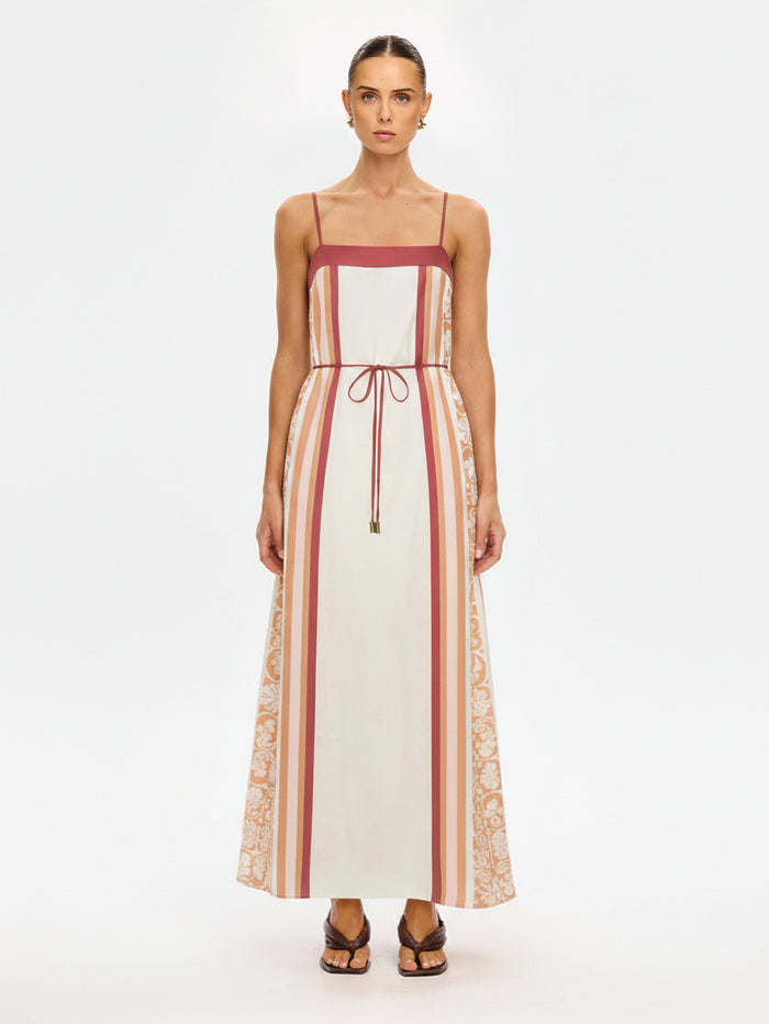 KIVARI Lilia Maxi Dress in cream stripe – full-length model showing tie waist detail of women's linen maxi dress with floral lace panels