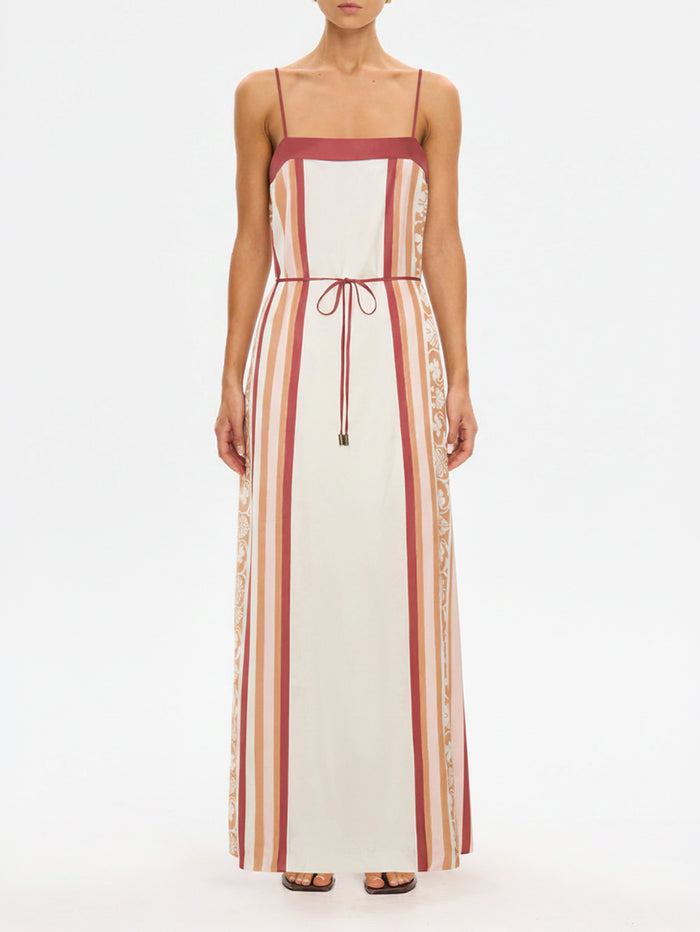 KIVARI Lilia Maxi Dress in cream stripe – three-quarter view of women's linen maxi dress with tie waist and floral lace panels