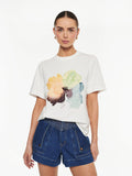 Lotte Tee in Yellow print, close-up of graphic t-shirt with watercolor floral design