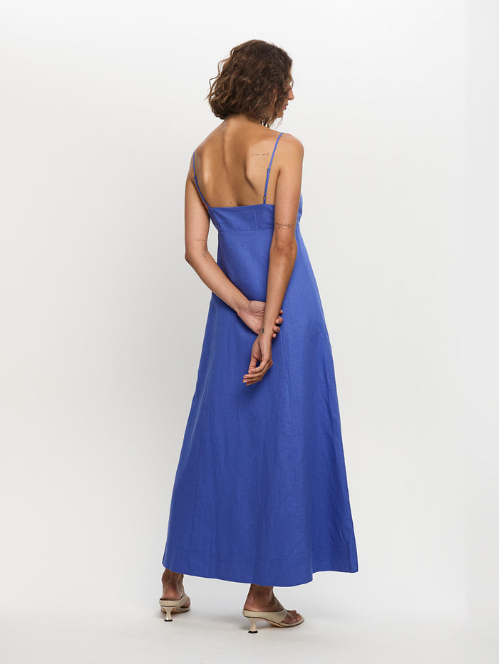 Woman in maxi blue dress