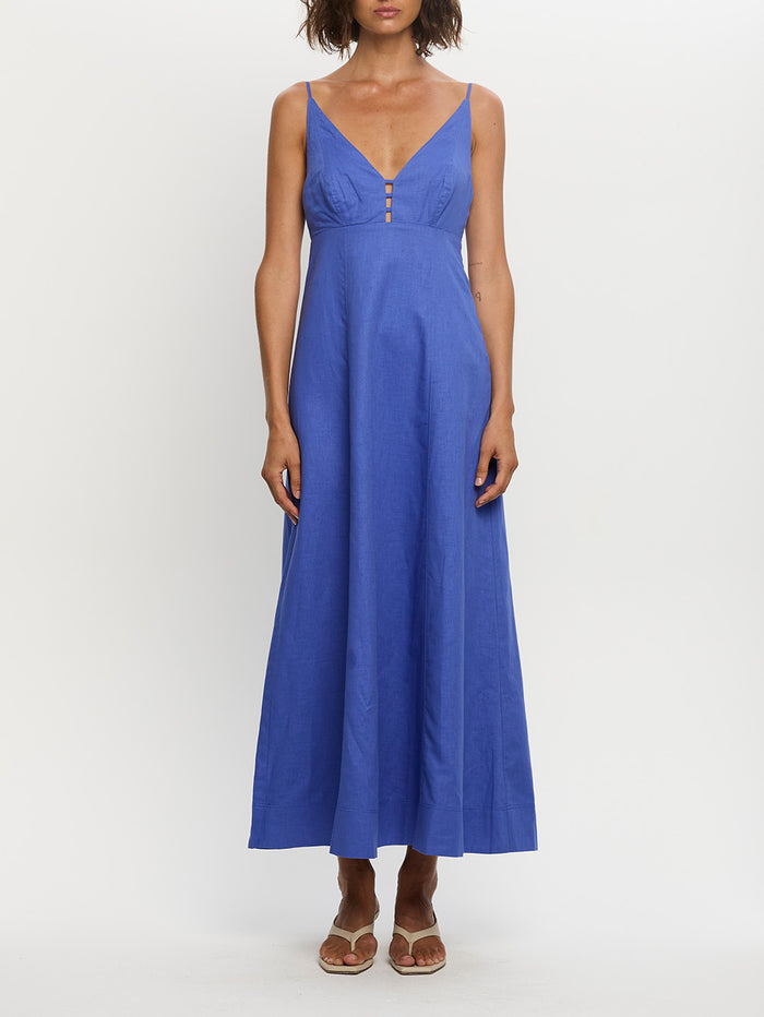 Woman in maxi blue dress