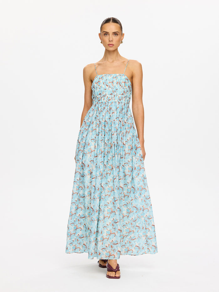 KIVARI Lydia Maxi Dress in Mint - front view of model in mint teal floral print spaghetti strap tiered maxi dress