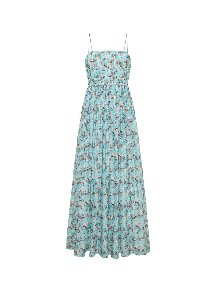 KIVARI Lydia Maxi Dress in Mint - teal floral print spaghetti strap maxi dress, ghost mannequin front view