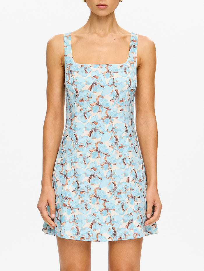 KIVARI Lydia Mini Dress in Mint - full length view of model in teal floral print halter square-neck mini dress