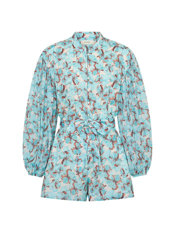 KIVARI Lydia Playsuit in Mint - teal floral print tie-front long-sleeve playsuit ghost mannequin product photo