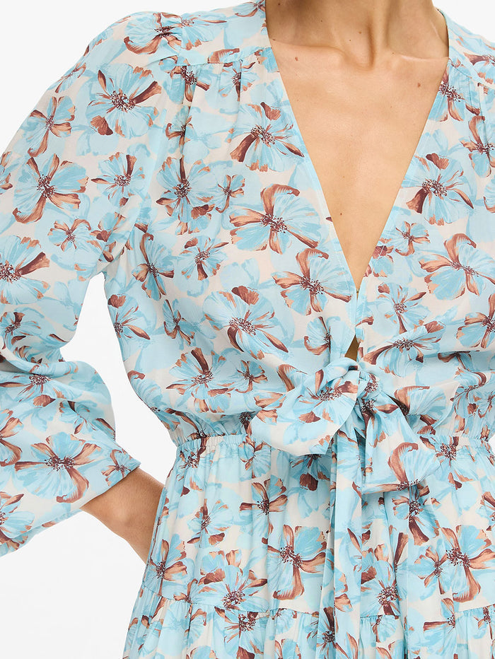 KIVARI Lydia Tie Front Mini Dress in Mint - close-up of V-neckline and tie bow detail, mint teal floral print