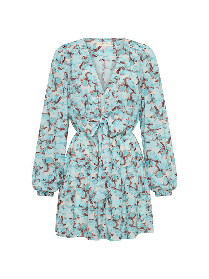 KIVARI Lydia Tie Front Mini Dress in Mint - teal floral print long-sleeve mini dress with tie waist, ghost mannequin
