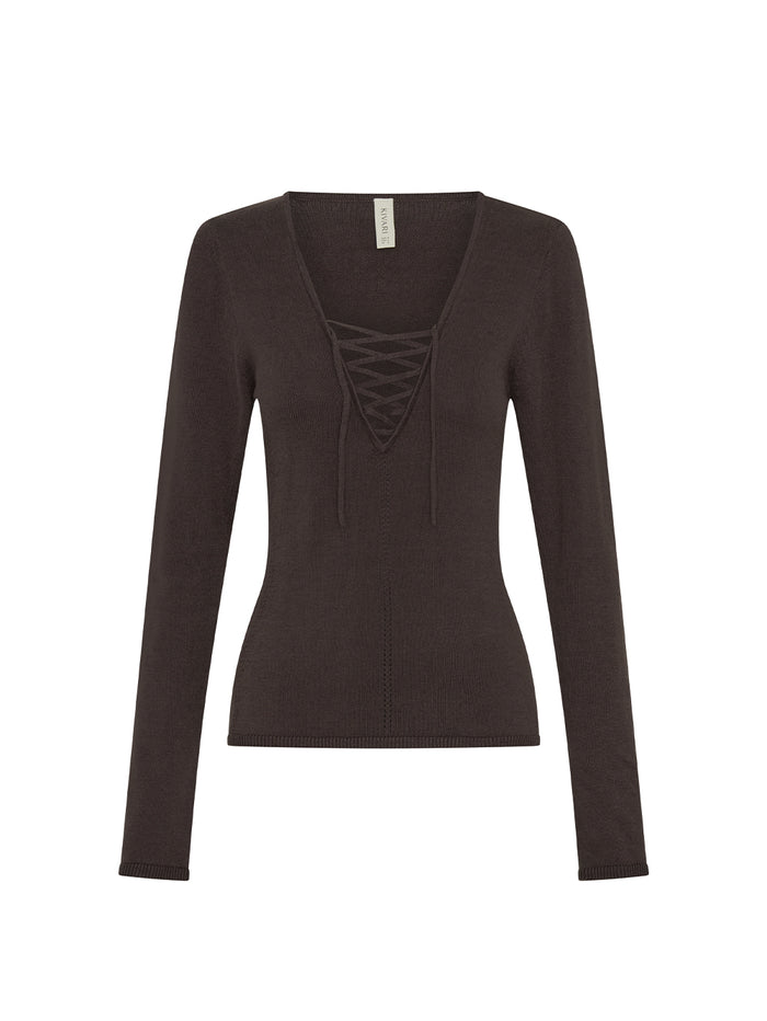 Brown long-sleeve top with lace-up front on a white background