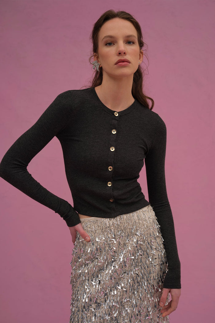 Marina Ribbed Crop Cardigan - Goldie LeWinter #color_charcoal heather