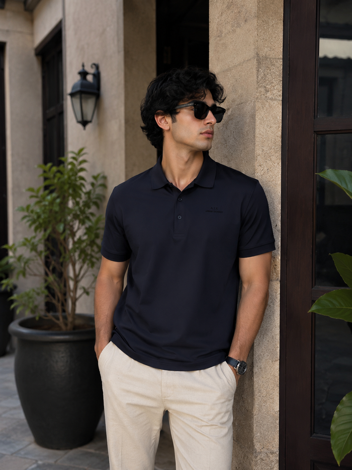 Men's Navy Polo with Running Horse Chest Patch — Equestrian Casual