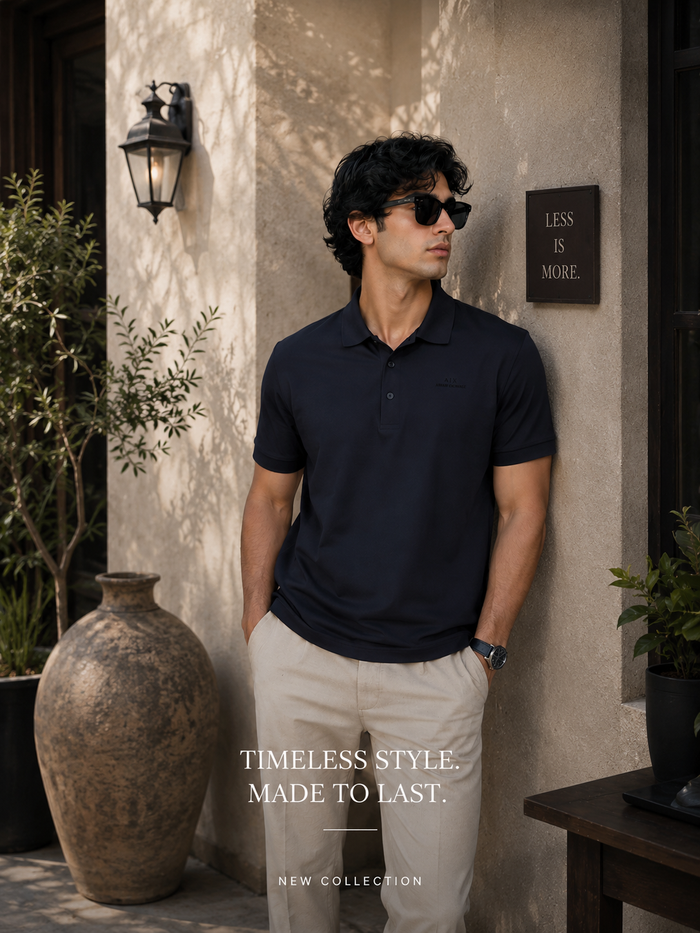 Men's Navy Polo with Running Horse Chest Patch — Equestrian Casual