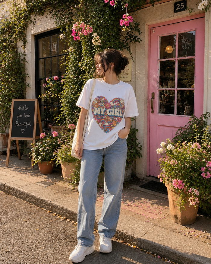 My Girl Heart Tee — Retro Floral Rainbow Graphic Shirt