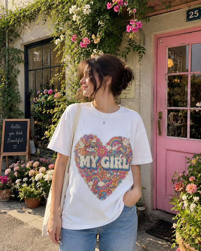 My Girl Heart Tee — Retro Floral Rainbow Graphic Shirt