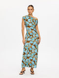 KIVARI Nieve Jersey Maxi Dress in Blue - 3/4 angled view of model wearing blue and brown floral one-shoulder jersey maxi dress