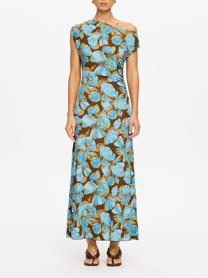 KIVARI Nieve Jersey Maxi Dress in Blue - full-length view of one-shoulder blue and brown floral jersey maxi dress