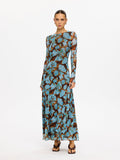 KIVARI Nieve Mesh Maxi Dress in Blue Floral Print – model wearing women's long-sleeve floral mesh maxi dress, full-length side view