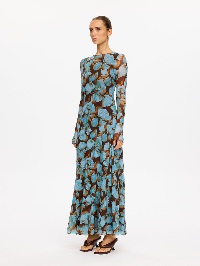 KIVARI Nieve Mesh Maxi Dress in Blue Floral Print – full-length front view of model wearing women's long-sleeve mesh maxi dress
