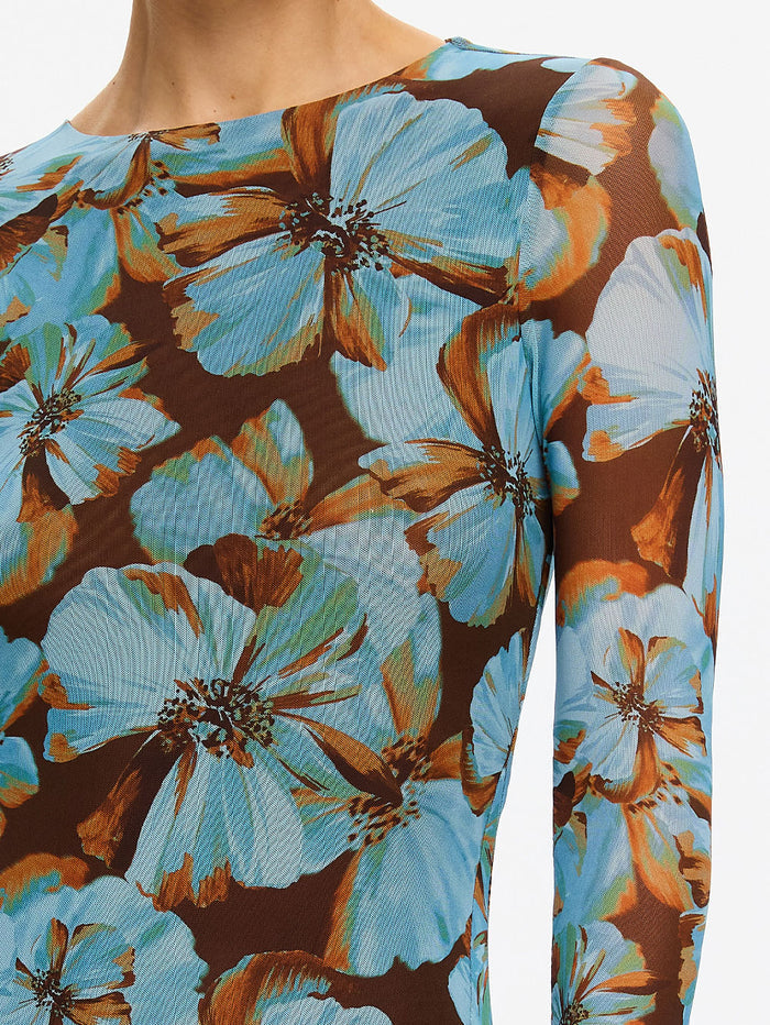KIVARI Nieve Mesh Maxi Dress in Blue Floral Print – fabric close-up detail of blue floral print mesh fabric and long sleeve