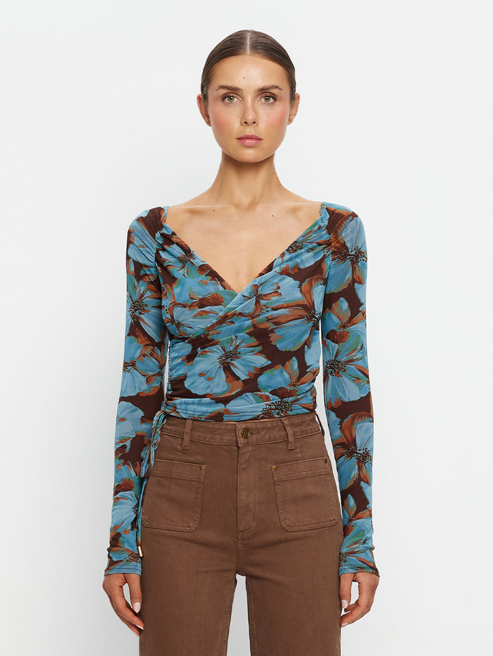 KIVARI Nieve Mesh Top in Blue Floral Print – women's long-sleeve wrap mesh top