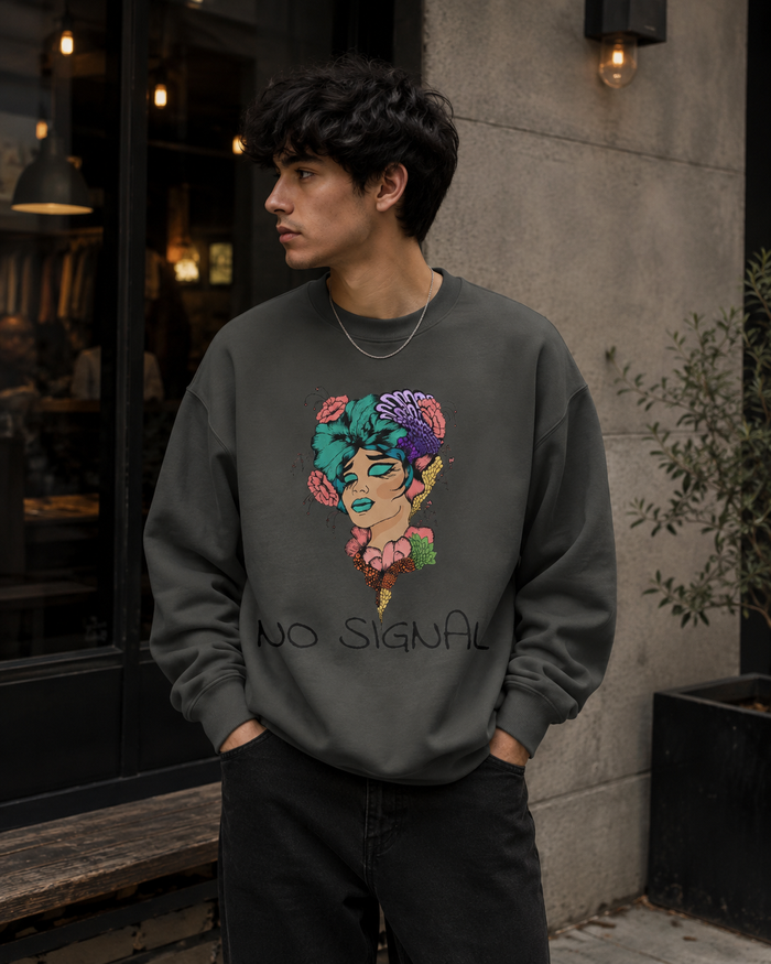 No Signal Graphic Sweatshirt — Floral Portrait Garment-Dyed Crewneck