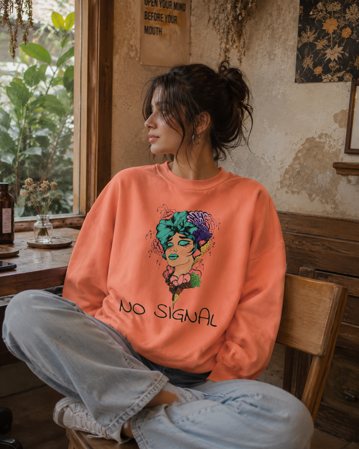No Signal Graphic Sweatshirt — Floral Portrait Garment-Dyed Crewneck
