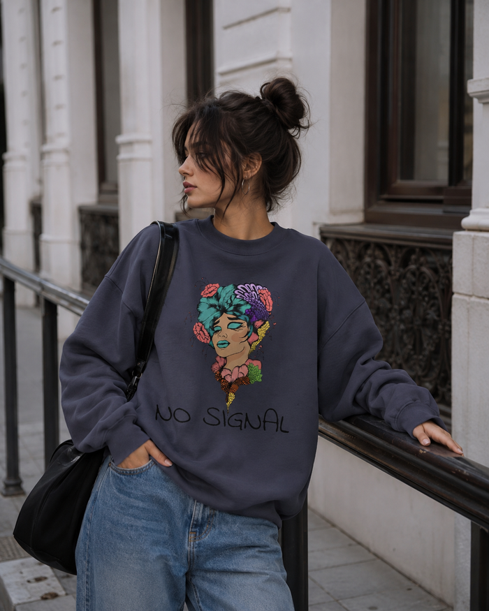 No Signal Graphic Sweatshirt — Floral Portrait Garment-Dyed Crewneck