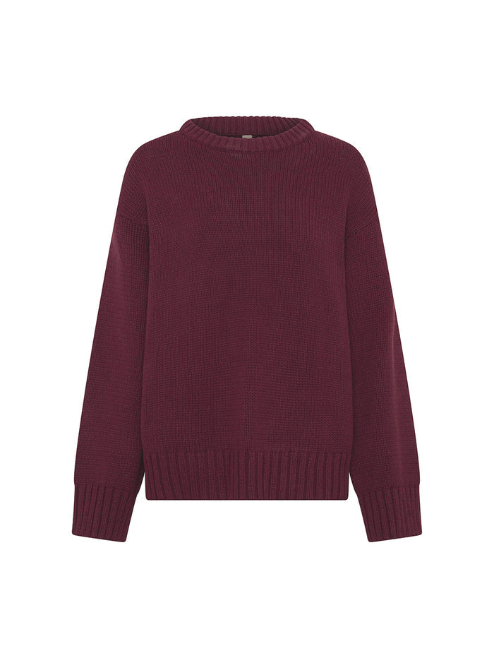 KIVARI Odette Crew Neck Jumper in Plum - ghost product shot of dark burgundy ribbed knit sweater on white background