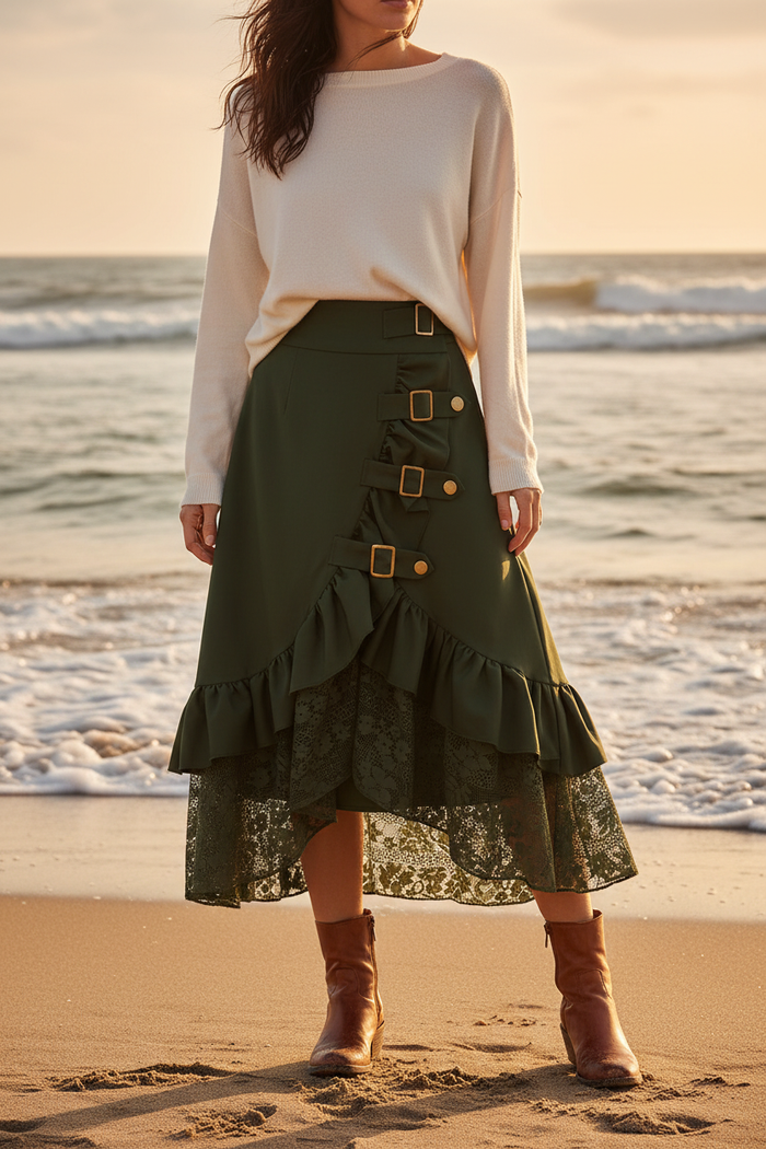 Beach mockup of the Olive Tide gothic lace maxi skirt
