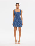 Oriana Denim Dress in Elina print, front view of sleeveless floral jacquard denim mini dress