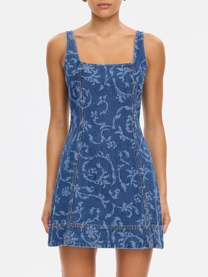 Oriana Denim Dress in Elina print, sleeveless mini dress with floral damask pattern and square neckline