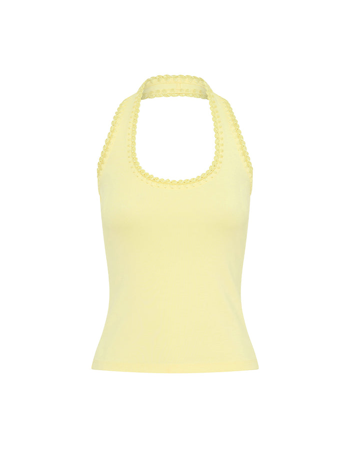 Rhea Halter Top in Butter yellow, halter-neck tank top with scalloped trim at neckline and armholes