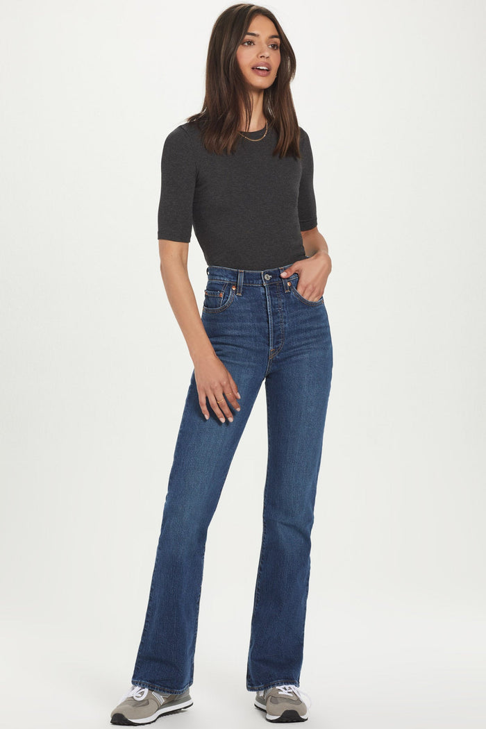 Ribbed Half Sleeve Tee - Goldie LeWinter #color_charcoal heather