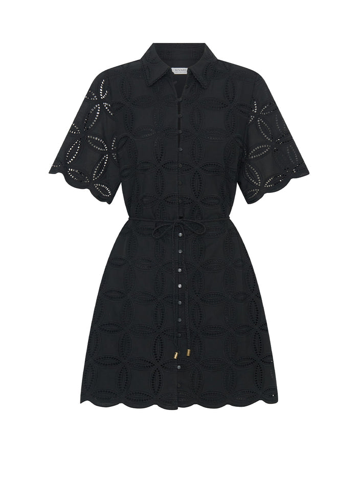 Black dress with lace detailing on a white background
