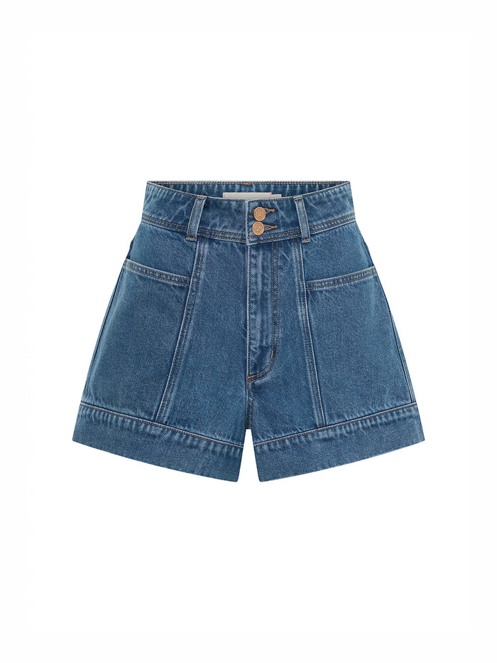 KIVARI Rita Denim Shorts in Blue – high-waisted denim shorts, flat lay product photo