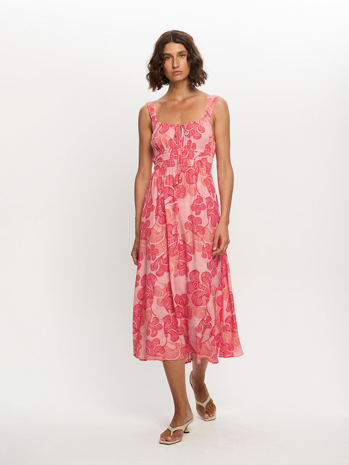 Woman in maxi floral dress