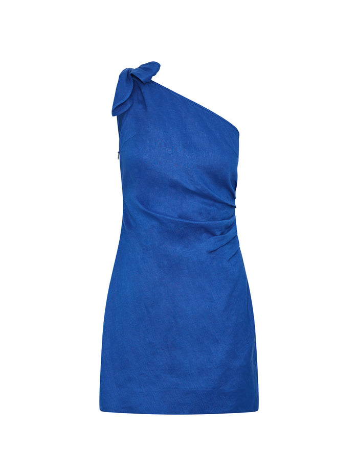 Blue one-shoulder dress with a bow detail on a white background