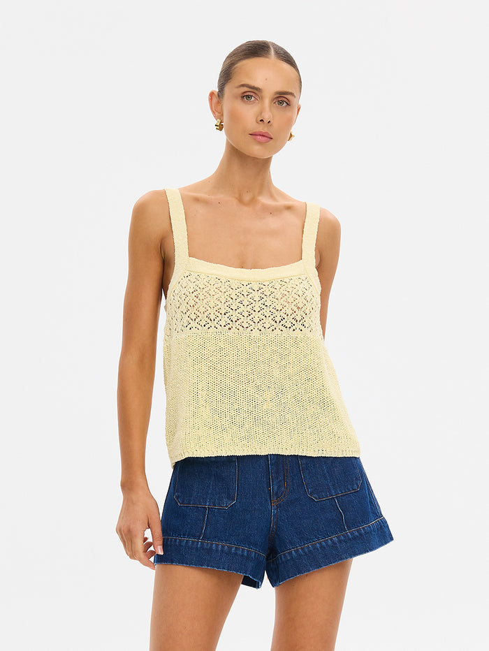 Sally Knit Cami in Butter yellow, knit tank top with square neckline styled with denim shorts