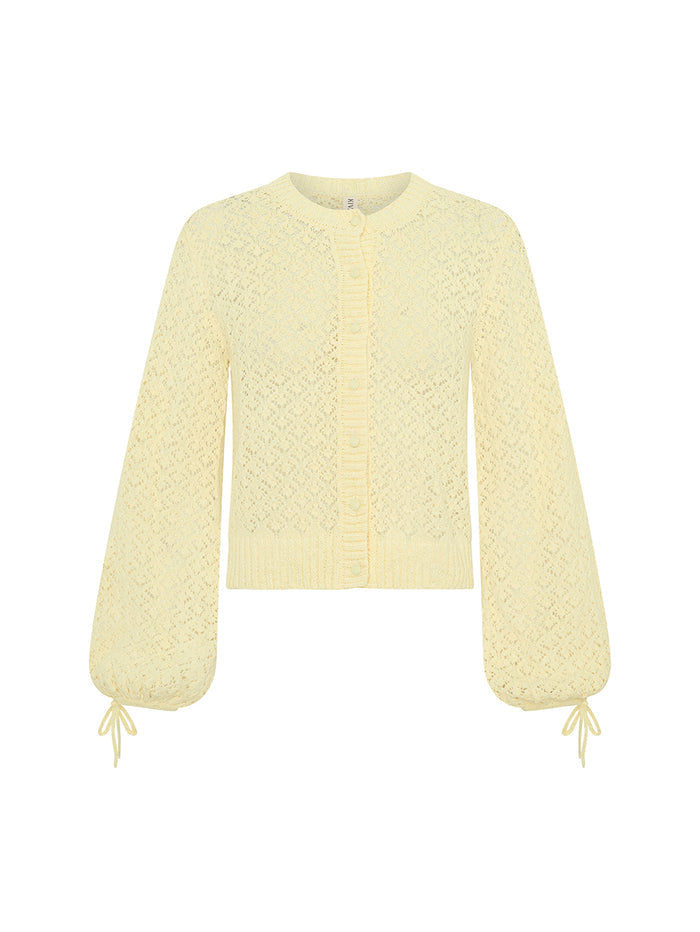 Sally Knit Cardigan in Butter yellow, crochet-style knit with balloon sleeves and tie cuffs