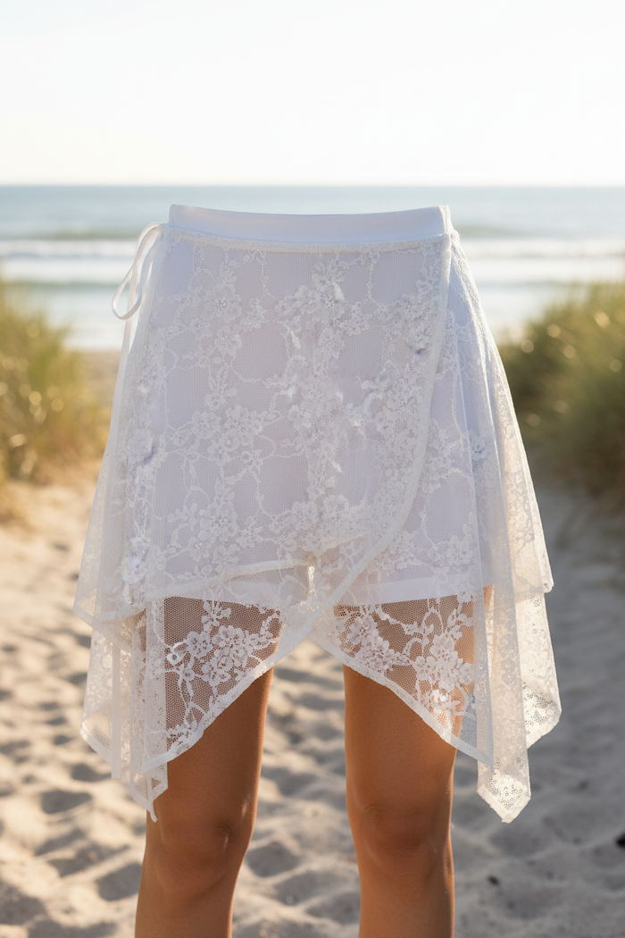 Close reference-based white sheer lace wrap skirt beach mockup
